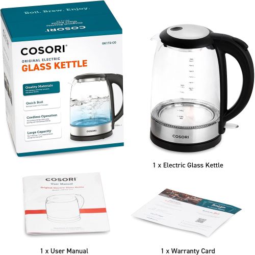  COSORI Electric Kettle with Stainless Steel Filter and Inner Lid, 1500W Wide Opening 1.7L Glass Tea Kettle & Hot Water Boiler, LED Indicator Auto Shut-Off & Boil-Dry Protection, BP