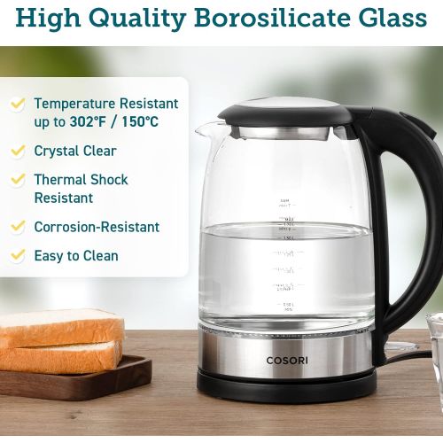  COSORI Electric Kettle with Stainless Steel Filter and Inner Lid, 1500W Wide Opening 1.7L Glass Tea Kettle & Hot Water Boiler, LED Indicator Auto Shut-Off & Boil-Dry Protection, BP