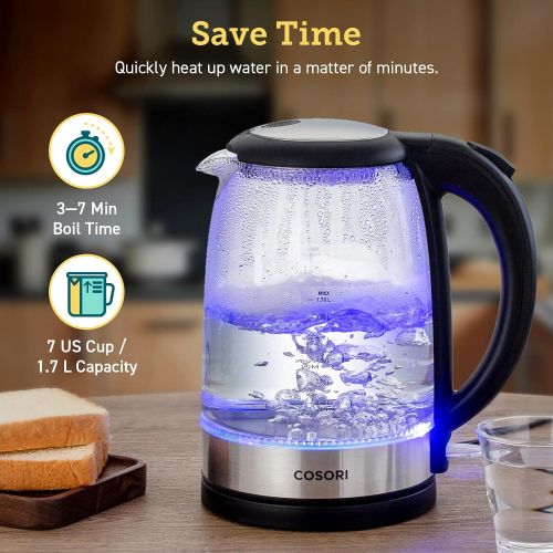  COSORI Electric Kettle with Stainless Steel Filter and Inner Lid, 1500W Wide Opening 1.7L Glass Tea Kettle & Hot Water Boiler, LED Indicator Auto Shut-Off & Boil-Dry Protection, BP