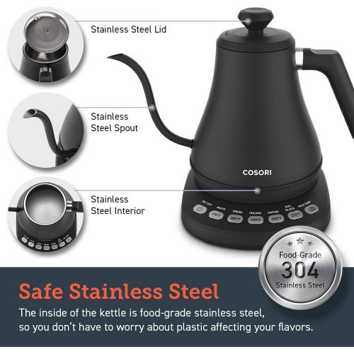  COSORI Electric Gooseneck Kettle with 5 Variable Presets, Pour Over Kettle & Coffee Kettle, 100% Stainless Steel Inner Lid & Bottom, 1200 Watt Quick Heating, 0.8L, Matte Black