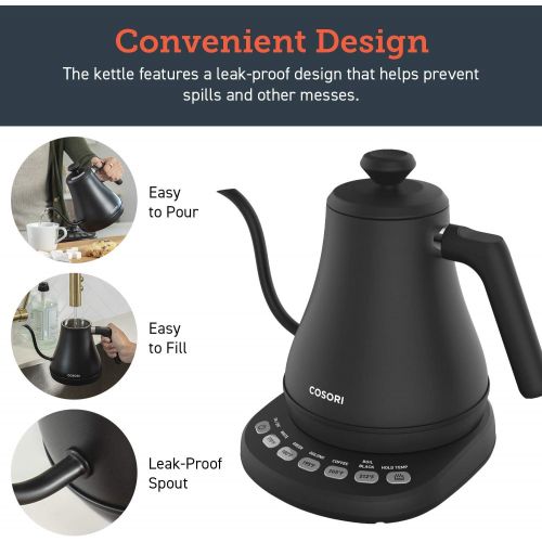  COSORI Electric Gooseneck Kettle with 5 Variable Presets, Pour Over Kettle & Coffee Kettle, 100% Stainless Steel Inner Lid & Bottom, 1200 Watt Quick Heating, 0.8L, Matte Black