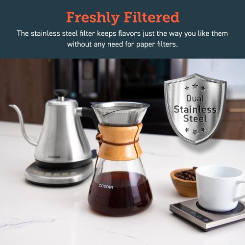  COSORI Pour Over Coffee Maker, 8 Cup Glass Coffee Pot&Coffee Brewer with Stainless Steel Filter, High Heat Resistance Decanter, Measuring Scoop Included, 34 Ounce,Transparent