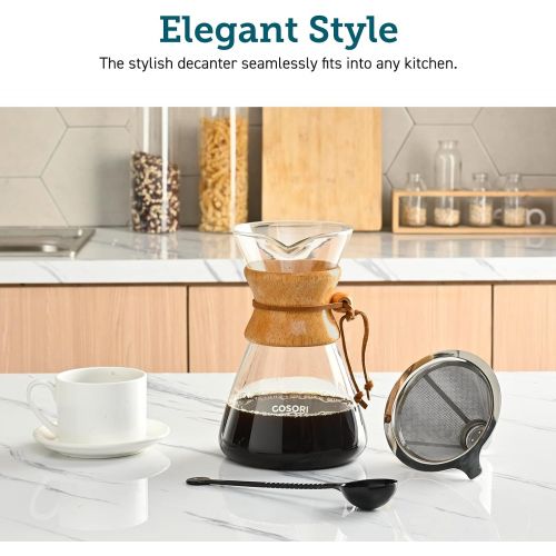  COSORI Pour Over Coffee Maker, 8 Cup Glass Coffee Pot&Coffee Brewer with Stainless Steel Filter, High Heat Resistance Decanter, Measuring Scoop Included, 34 Ounce,Transparent