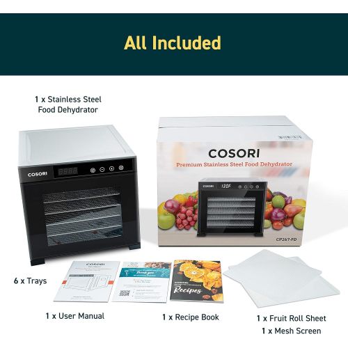  [아마존베스트]COSORI Food Dehydrator Machine (50 Free Recipes), Stainless Steel Dryer for Fruit, Meat Dog Treats, with Timer and Temperature, Control, 6 Trays, ETL Listed, Beef Jerky, Herbs, CP2