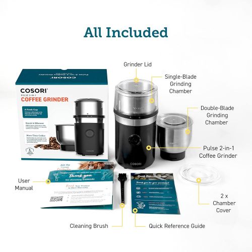  COSORI Electric Coffee Grinders for Spices, Seeds, Herbs, and Coffee Beans, Spice Blender and Espresso Grinder, Wet and Dry Grinder, Included 2 Removable Stainless Steel Bowls, Bla