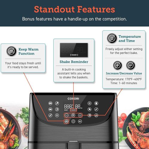  COSORI Air Fryer Oven Combo 5.8QT Max Xl Large Cooker (Cookbook with 100 Recipes), One-Touch Screen with 11 Precise Presets and Shake Reminder, Nonstick and Dishwasher-Safe Square