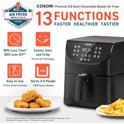  COSORI Air Fryer Oven Combo 5.8QT Max Xl Large Cooker (Cookbook with 100 Recipes), One-Touch Screen with 11 Precise Presets and Shake Reminder, Nonstick and Dishwasher-Safe Square