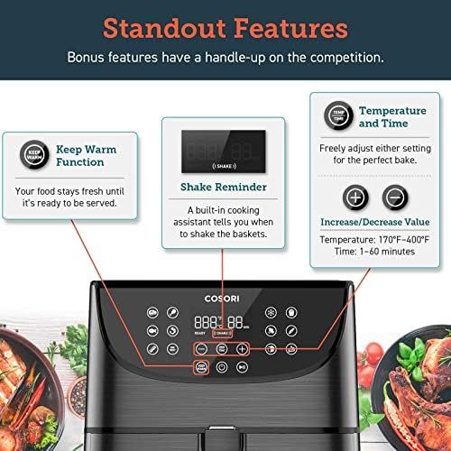  COSORI Air Fryer Oven Compact 3.7 Qt, Suitable For Families Of 1?3 (100 Recipes), 11 One-Touch Digital Presets, Preheat & Shake Reminder, Nonstick & Dishwasher-Safe Square Basket,