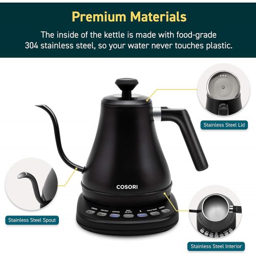  COSORI Electric Gooseneck Kettle Smart Bluetooth with Variable Temperature Control, Pour Over Coffee Kettle & Tea Kettle, 100% Stainless Steel Inner Lid & Bottom, Quick Heating, Ma