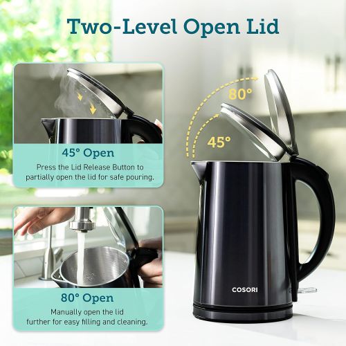  COSORI Electric Kettle Stainless Steel with Double Wall, Wide-Open Lid 1.5L Electric Tea Kettle, BPA Free Water Kettle & Hot Water Boiler for Boiling Water, Auto Shut-Off & Boil-Dr