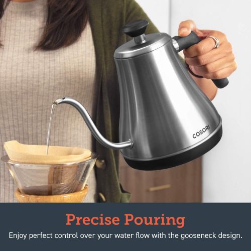  COSORI Electric Gooseneck Kettle with 5 Variable Presets, Pour Over Kettle & Coffee Kettle, 100% Stainless Steel Inner Lid & Bottom, 1200 Watt Quick Heating, 0.8L, Sliver