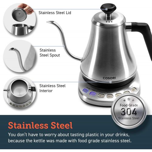  COSORI Electric Gooseneck Kettle with 5 Variable Presets, Pour Over Kettle & Coffee Kettle, 100% Stainless Steel Inner Lid & Bottom, 1200 Watt Quick Heating, 0.8L, Sliver