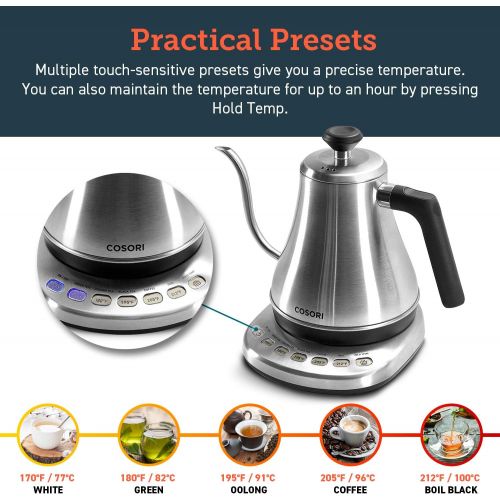  COSORI Electric Gooseneck Kettle with 5 Variable Presets, Pour Over Kettle & Coffee Kettle, 100% Stainless Steel Inner Lid & Bottom, 1200 Watt Quick Heating, 0.8L, Sliver