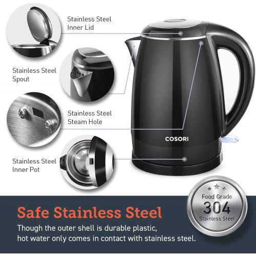  [아마존베스트]COSORI 1.8 Qt Tea Kettle Double Wall 304 Stainless Steel BPA Free Hot Water Boiler, Auto Shut-Off and Boil-Dry Protection, Cordless, ETL/CETL Approved, 1.8Qt, Black