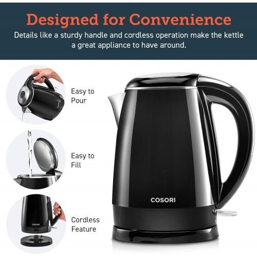  [아마존베스트]COSORI 1.8 Qt Tea Kettle Double Wall 304 Stainless Steel BPA Free Hot Water Boiler, Auto Shut-Off and Boil-Dry Protection, Cordless, ETL/CETL Approved, 1.8Qt, Black