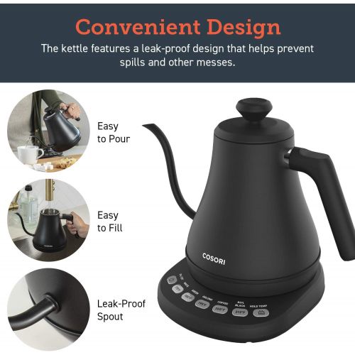  [아마존베스트]COSORI Electric Gooseneck Kettle with 5 Variable Presets, Pour Over Coffee Kettle & Tea Kettle, 100% Stainless Steel Inner Lid & Bottom, 1200 Watt Quick Heating, 0.8L, Matte Black