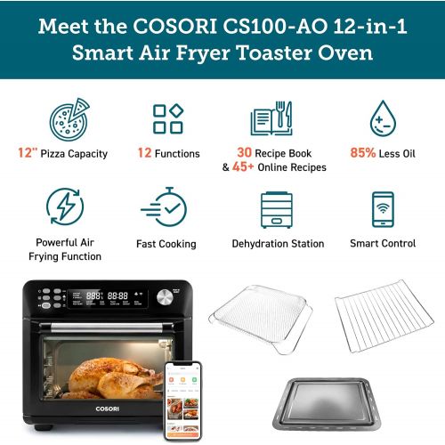  [아마존베스트]COSORI Smart 12-in-1 Air Fryer Toaster Oven Combo, Countertop Dehydrator for Chicken, Pizza and Cookies, Christmas Gift, Recipes & Accessories Included, Work with Alexa, 25-L, Blac