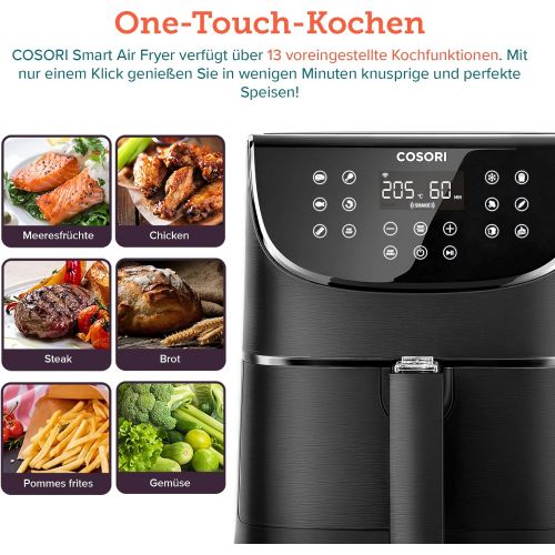  [아마존베스트]Cosori, Smart Hot Air Deep Fryer with Digital LED Touch Screen, 5.5 L, XXL, WiFi, 11 Programmes, App Controlled, Preheating And Keeping Warm, Shake Mode, 100 Recipe Booklet, Oil No