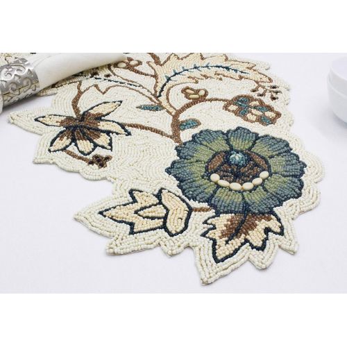  [아마존베스트]COTTON CRAFT Mesa Jacquelina Handmade Beaded Table Runner, Ivory Blue and Gold Floral 13 x 36 inch