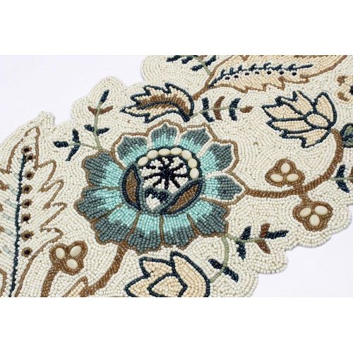  [아마존베스트]COTTON CRAFT Mesa Jacquelina Handmade Beaded Table Runner, Ivory Blue and Gold Floral 13 x 36 inch