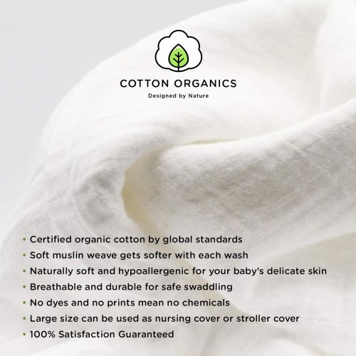  COTTON ORGANICS Cotton Organics Muslin Swaddle Blankets - Extra Soft and Hypoallergenic Organic Cotton - Pack of 2