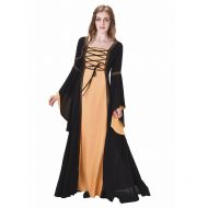 COUCOU Age Renaissance Medieval Dress Lace Vintage Princess Dress,Black & Yellow,Medium