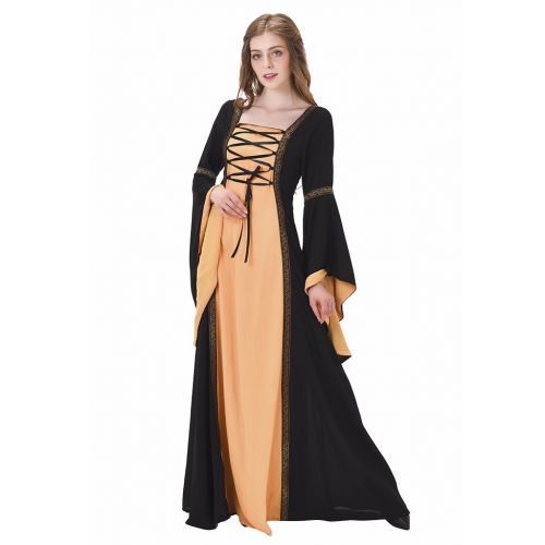  COUCOU Age Renaissance Medieval Dress Lace Vintage Princess Dress,Black & Yellow,Medium