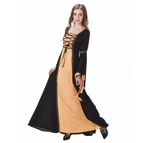  COUCOU Age Renaissance Medieval Dress Lace Vintage Princess Dress,Black & Yellow,Medium