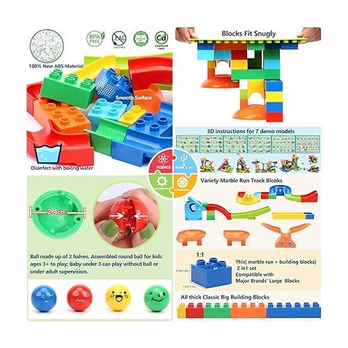  COUOMOXA Marble Run Building Blocks: Compatible Classic Large Blocks Maze Track Sets - Big Blocks Educational STEM for Toddlers - Birthday Toys Gifts for 2 3 4 5 6 7 8 Year Old Boys & Girls