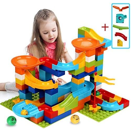  [아마존베스트]COUOMOXA Marble Run Building Blocks Construction Toys Set Puzzle Race Track for Kids Marble Roller Coaster -97 Pieces(2 in 1)