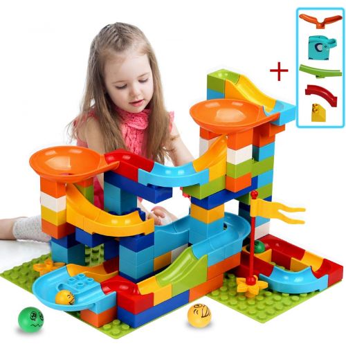  [아마존베스트]COUOMOXA Marble Run Building Blocks Construction Toys Set Puzzle Race Track for Kids Marble Roller Coaster -97 Pieces(2 in 1)