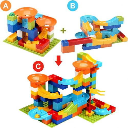  [아마존베스트]COUOMOXA Marble Run Building Blocks Construction Toys Set Puzzle Race Track for Kids Marble Roller Coaster -97 Pieces(2 in 1)