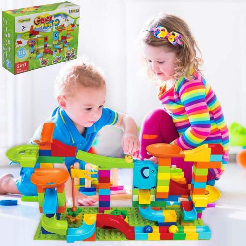  [아마존베스트]COUOMOXA Marble Run Building Blocks Construction Toys Set Puzzle Race Track for Kids Marble Roller Coaster -97 Pieces(2 in 1)