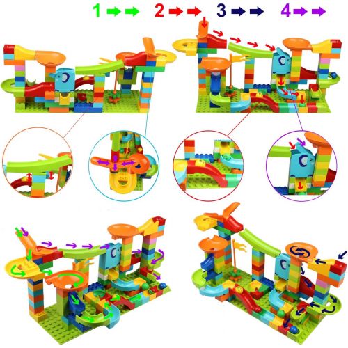  [아마존베스트]COUOMOXA Marble Run Building Blocks Construction Toys Set Puzzle Race Track for Kids Marble Roller Coaster -97 Pieces(2 in 1)