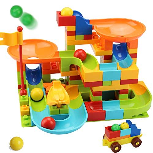  COUOMOXA Marble Run Building Blocks Classic Big Blocks STEM Toy Bricks Set Kids Race Track Compatible with All Major Brands 106 PCS Various Track Models for Boys Girls Aged 3,4,5,6