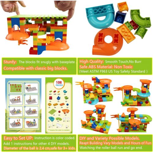  COUOMOXA Marble Run Building Blocks Classic Big Blocks STEM Toy Bricks Set Kids Race Track Compatible with All Major Brands 106 PCS Various Track Models for Boys Girls Aged 3,4,5,6