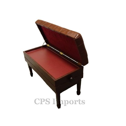  CPS Imports Adjustable Duet Size Genuine Leather Artist Concert Piano Bench Stool in Walnut Satin with Music Storage