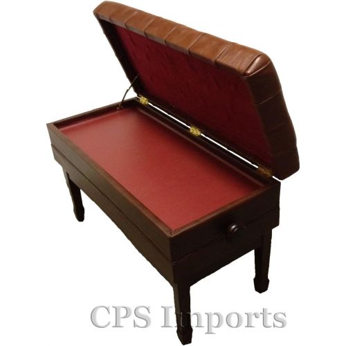  CPS Imports Adjustable Duet Size Genuine Leather Artist Concert Piano Bench Stool in Walnut Satin with Music Storage