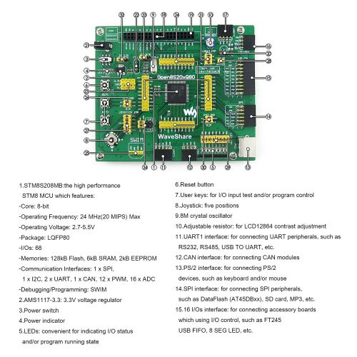  CQRobot Designed for the STM8S Series, Open Source Electronic Hardware STM8 Development Board Kit, Features the STM8S208MB MCU, 8-bit Core, Includes STM8 MCU Development Board+2.2 inch LCD