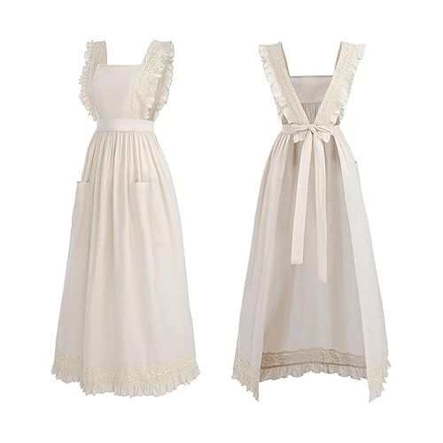  CR ROLECOS White Vintage Maid Ruffle Apron for Women Colonial Pioneer Peasant Apron Pinafore Adjustable Kitchen Gift