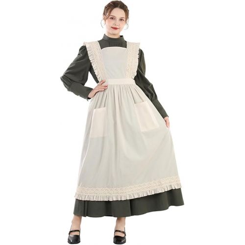  CR ROLECOS White Vintage Maid Ruffle Apron for Women Colonial Pioneer Peasant Apron Pinafore Adjustable Kitchen Gift