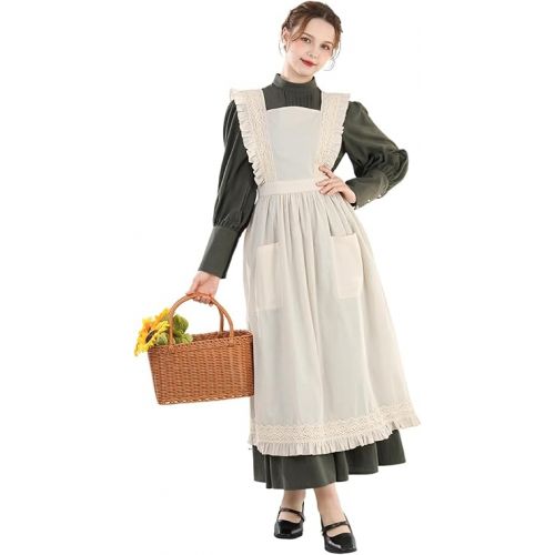  CR ROLECOS White Vintage Maid Ruffle Apron for Women Colonial Pioneer Peasant Apron Pinafore Adjustable Kitchen Gift