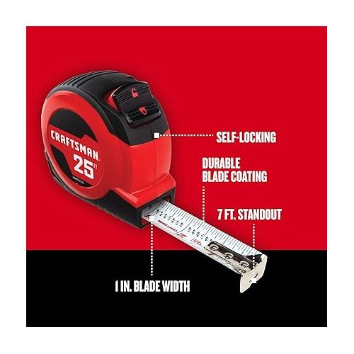  CRAFTSMAN 25-Ft Tape Measure with Fraction Markings, Retractable, Self-Locking Blade (CMHT37225)