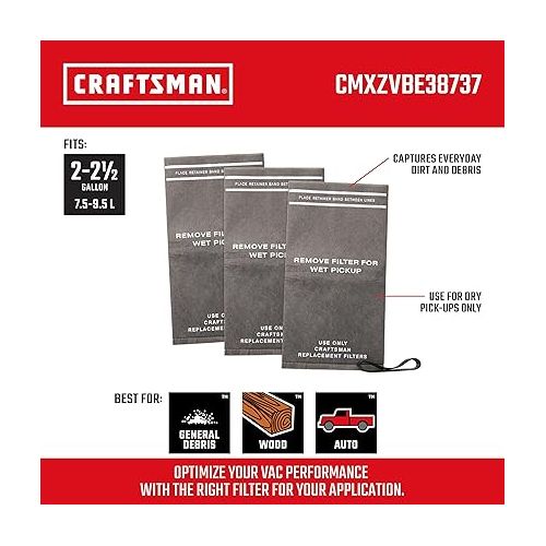  CRAFTSMAN CMXZVBE38737 Wet/Dry Vac Filter Bags for 2 to 2.5 Gallon Shop Vacuums and Powerhead Bucket Vac, 3-Pack