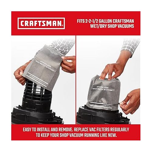  CRAFTSMAN CMXZVBE38737 Wet/Dry Vac Filter Bags for 2 to 2.5 Gallon Shop Vacuums and Powerhead Bucket Vac, 3-Pack