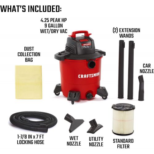  CRAFTSMAN CMXEVBE17590 9 Gallon 4.25 Peak HP Wet/Dry Vac, Portable Shop Vacuum with Attachments