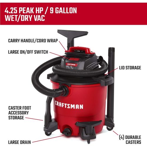 CRAFTSMAN CMXEVBE17590 9 Gallon 4.25 Peak HP Wet/Dry Vac, Portable Shop Vacuum with Attachments