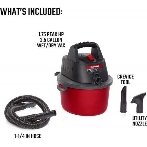  CRAFTSMAN CMXEVBE17250 2.5 gallon 1.75 Peak Hp Wet/Dry Vac, Portable Shop Vacuum with Attachments