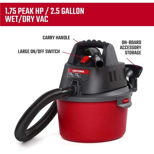  CRAFTSMAN CMXEVBE17250 2.5 gallon 1.75 Peak Hp Wet/Dry Vac, Portable Shop Vacuum with Attachments