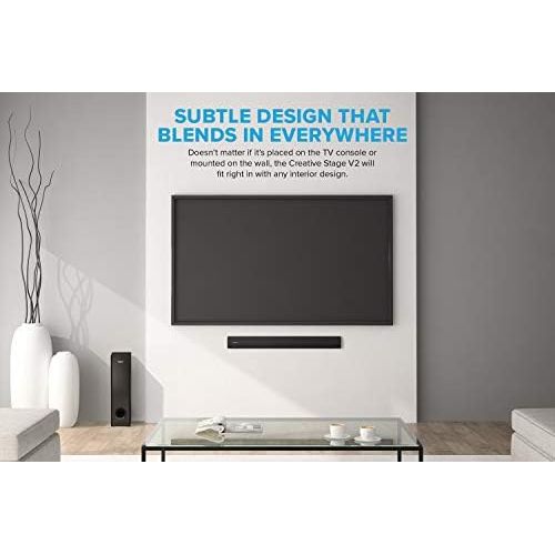  Creative Stage V2 2.1 Soundbar with Subwoofer, Clear Dialog and Surround of Sound Blaster, Bluetooth 5.0, TV ARC, Optical and USB Audio, Wall Mounting, Bass and Treble Adjustment,